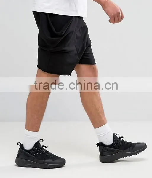 High Quality New Design Custom Raw Hem Drawstring Waist 100% Cotton Breathable Black Men's Sweat Big Side Pockets Fashion Shorts photo-4