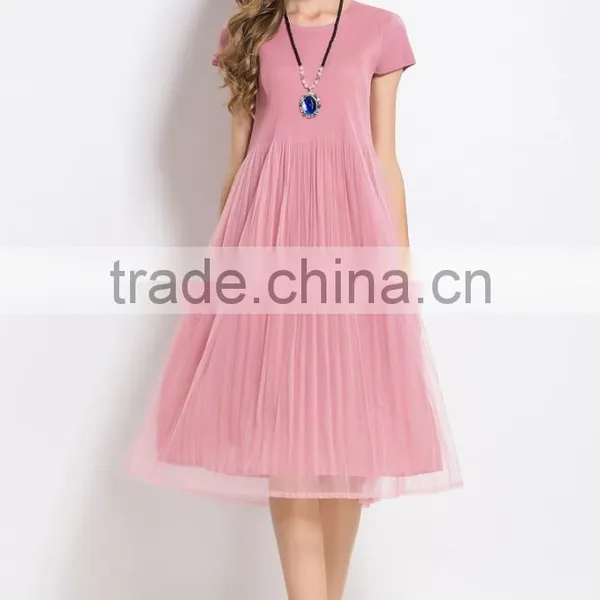 Plain Solid Color Woman Knee Length Folding Dress With Mesh photo-2