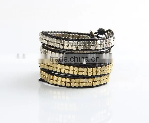 Handmade Small Cooper Beads Wraps Leather Bracelets Mens Halloween Metal Beads Leather Braid Bracelets for 2016 Promotional Gift photo-4