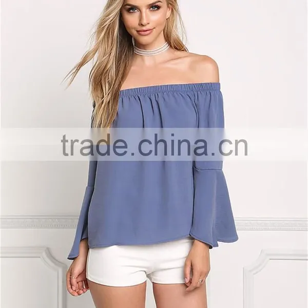 MGOO New Custom Designs Plain Blue Blouses Off Shoulder Long Sleeves Flare Opening Fashion Viscose Blouses photo-3
