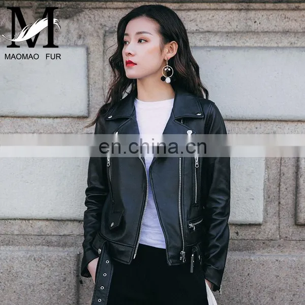 Fashion Cool Zip Front Black Leather Jacket Woman / Real Sheep Skin Jacket Leather / Leather Motorcycle Jacket photo-2