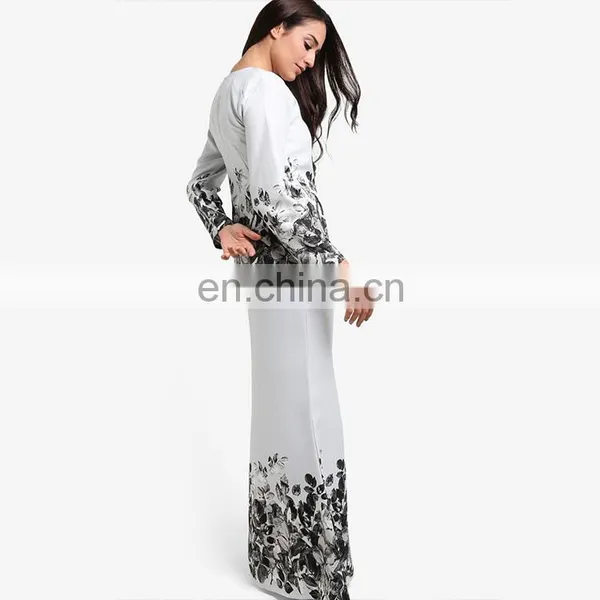 White Print Islamic Dress Plus Size Women Baju Kurung photo-3