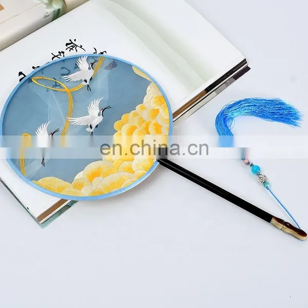 Chinese Style Multi-pattern Silk Embroidery Dual-faced Handmade Fan With Wooden Handle and Tassel Pendant(19*37cm) photo-3