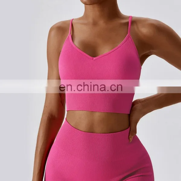 Ribbed High Support Sports Strapped Bras Wholesale Cross Back Adjustable Sling Yoga Tank Top photo-4