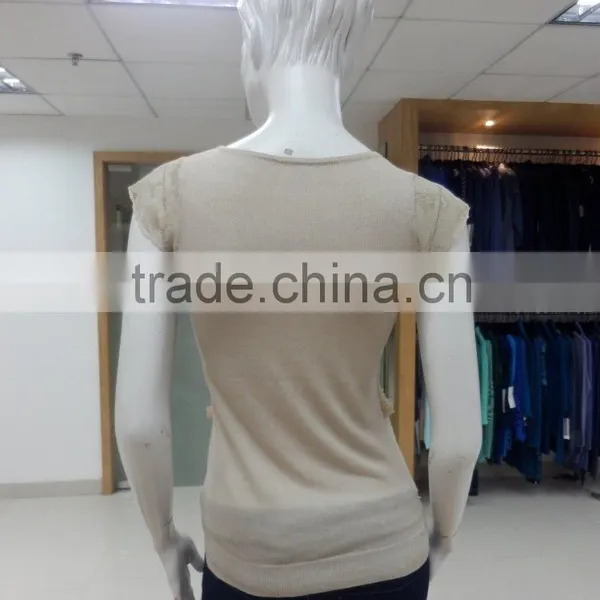 Ladies v Neck Short Sleeve 100%linen Like Knitwear With Chiffon Lace Placket photo-2