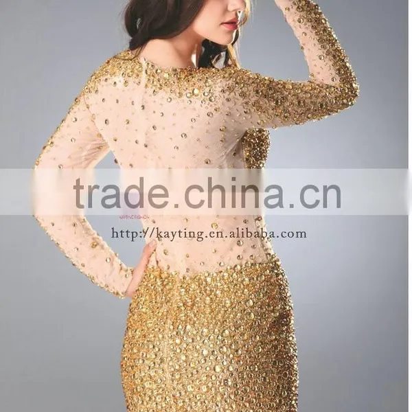 Stunning Sexy Heavy Beaded Long Sleeve Knee Length Round Neck Elegant Yellow Gold Bridesmaid Dresses photo-4