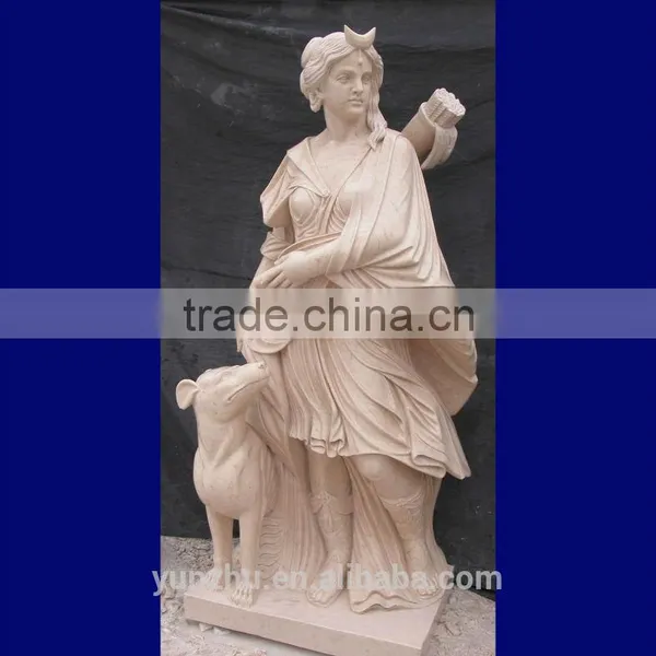 Yellow Marble Carved Lady With Dog Sculpture