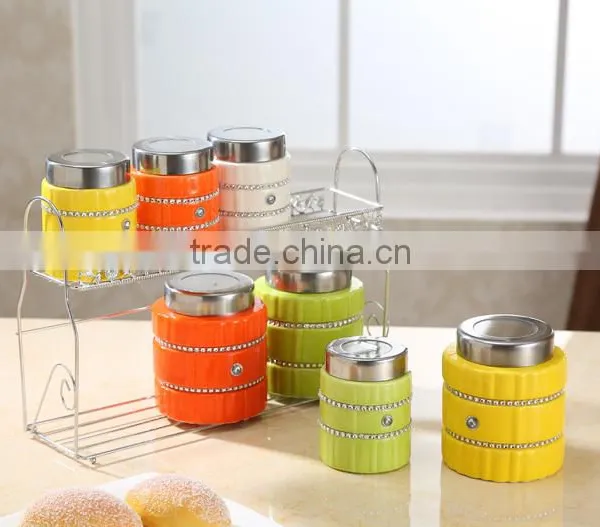 Kitchenware Useful Ceramic Canister Set With Stainless Metal Stand photo-3