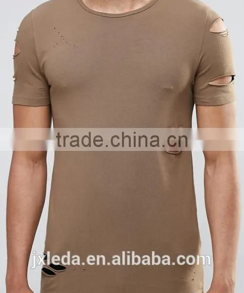 Men Longline Brown Distressing Blank Slim Fitted Muscle T-shirt Custom China Manufacturers photo-3