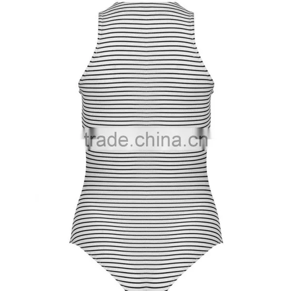 2016 New Fashion Lace Up Front Sleeveless Bodysuits Young Girl Black White Stripe Women Tops photo-3