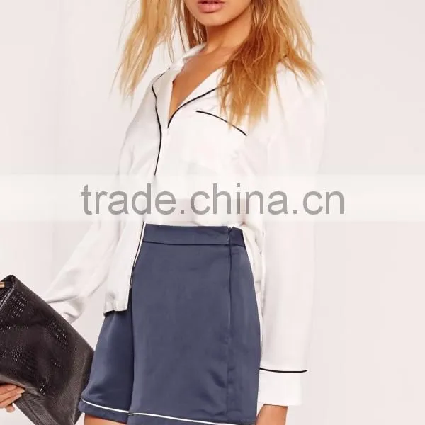 Custom Design Women Shorts Sleepwear Premium Satin Piping Detail Shorts Blue photo-5