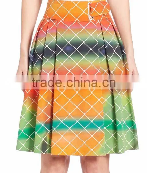 2016 Express Multi Color A-line High-Rise Waist Pleated Cotton Net-Print Midi Knee Length Skirt photo-3