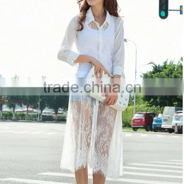MOQ 1pc Hot Sale With Chiffon and Lace Patchwork Cardigan Long Lace t Shirt,t Shirt Women photo-6