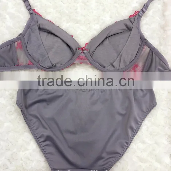Young Ladies Stylish Soft Cup Lace Gray Sexy Women Bra Panty Sets photo-5