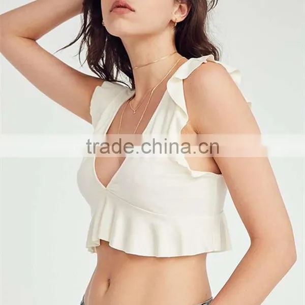 Women's Sleeveless Cami White Ruffled Sexy Midriff Low Cut Vest Tops photo-5