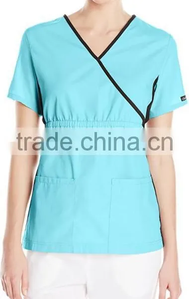 Top Selling Mock Wrap Women Medical Scrubs Wholesale Knit Panel Top photo-5