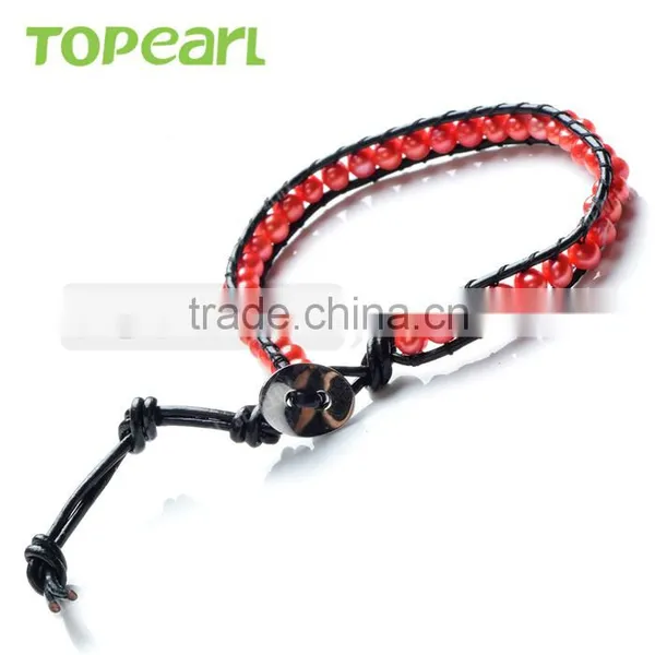 Topearl Jewelry Potato Shape Red Freshwater Pearl Bracelet Woven Leather Wrap Bracelets Cheap Leather Bracelets CLL159 photo-2