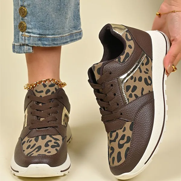 Buckskin Leopard Patchwork Lace Up Flat Sneakers White Mesh Color Block Patchwork Lace-up Sneakers Wholesale Women Running Shoes photo-2