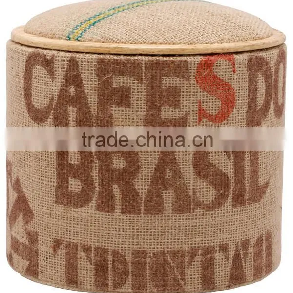 Vintage Retro Industrial Ottoman, Jute Ottoman With Unique Typography Print