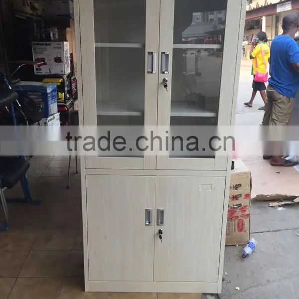Steel Book Cabinet With Glass Doors and Wood Surface Display Cupboard photo-4