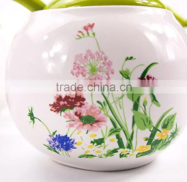 Set Of 3 White Flower Printed Round Ceramic Spice Container Spice Jar With Lid photo-4