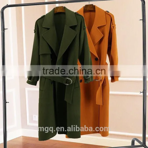 Ladies' Fashion Wool Coat With Belt and Buckle 100% Wool Long Wind Coat Army Green and Golden Camel