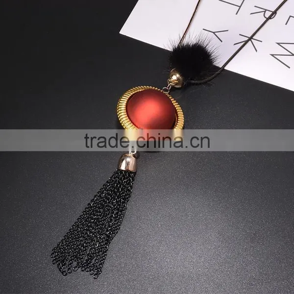 Red Bead Gold Hoop Pendant Long Chain Necklace Black Chain Tassel Necklace Pompon Necklace photo-3