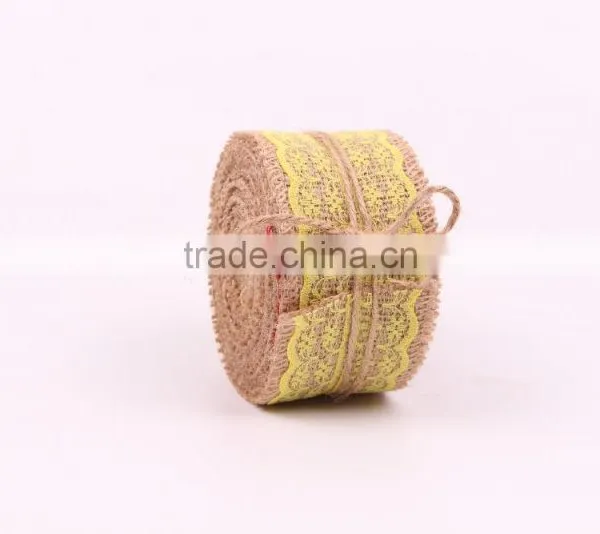 Jute Burlap Natural Hessian Ribbon With Yellow Lace Trim Wedding Rustic Vintage photo-3
