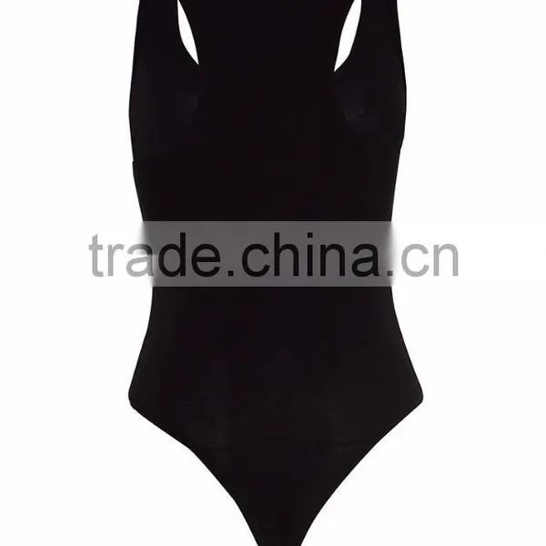 Custom Women Plain Black Cotton Spandex Slim Fit Ladies Basic Black Racer Back Bodysuit photo-4