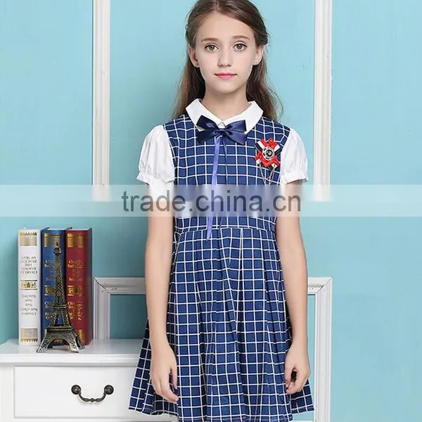 Latest Design Navy Blue Nice Girl Plaid Dress Elementary Quality School Uniform photo-3