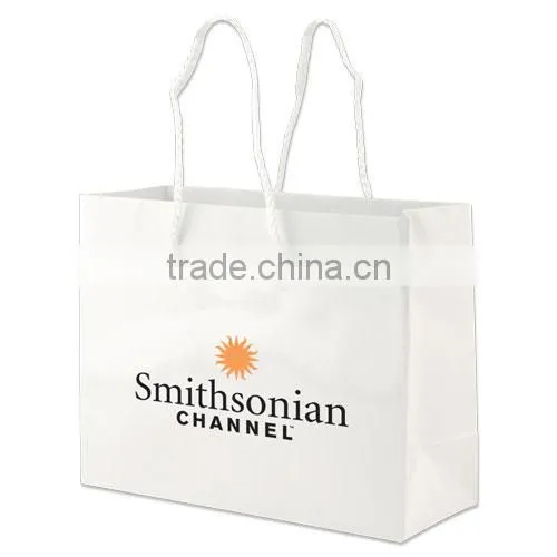 White Gloss Laminated Eurotote Shopping Bag - Features Cardboard Bottom, Dimensions Are 9" x 3.5" x 7" and Comes With Your Logo.