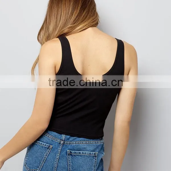 Wide Shoulder Straps Lace up Ribbed Cropped Tank Womens Black Vest Tops photo-5