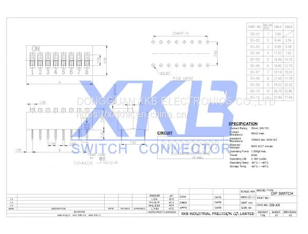 China XKB Brand 2.54mm Space Pin(1-12) Vertical In-line Type DIP Switch photo-2