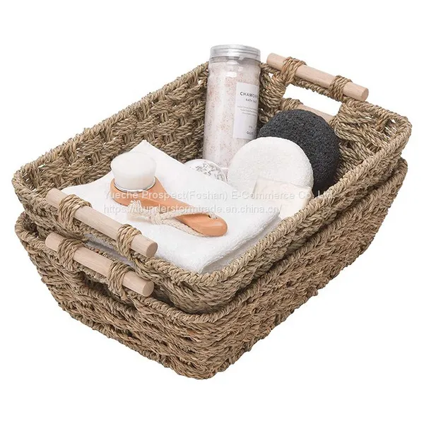 Natural Seagrass Basket With Wooden Handle Handmade Rattan Storage Basket photo-2