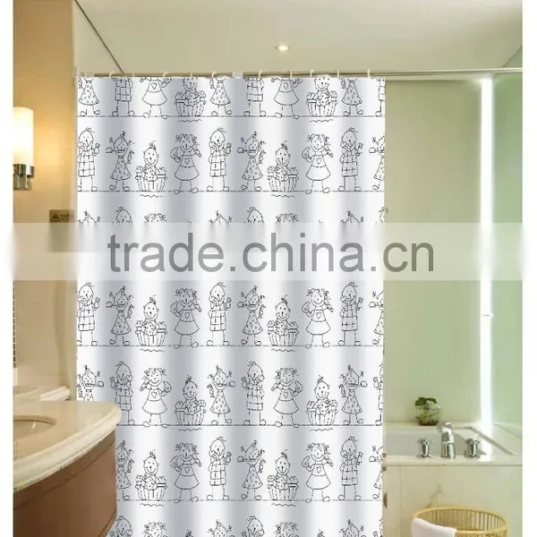 Interesting Drawing Family Printed 100% Polyester Shower Curtain for Hotel, Family, Waterproof Bath Curtain