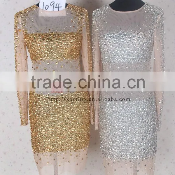 Stunning Sexy Heavy Beaded Long Sleeve Knee Length Round Neck Elegant Yellow Gold Bridesmaid Dresses photo-6
