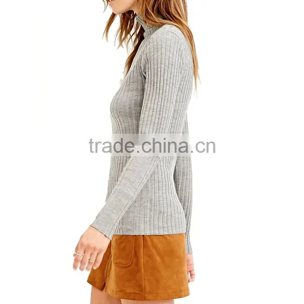 Women High-necked Grey Slim Fit Rib Knit Roll Neck Long Sleeve Knitted Sweater photo-2
