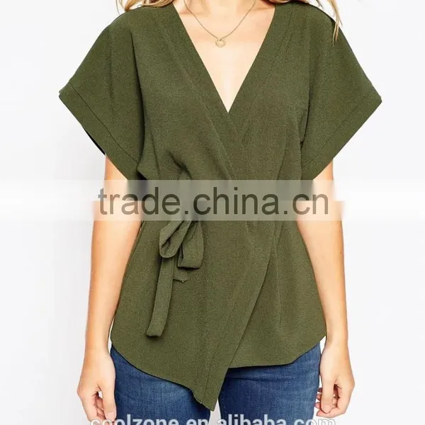 Wholesale Wide-cut Cuffs Wrap Design Lady Blouse,fashion Belted Blouse 2016 photo-4