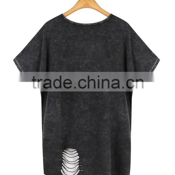 Women's Hollowed-out Short Sleeve Washed Vintage 100% Cotton t Shirt With Rivets photo-2