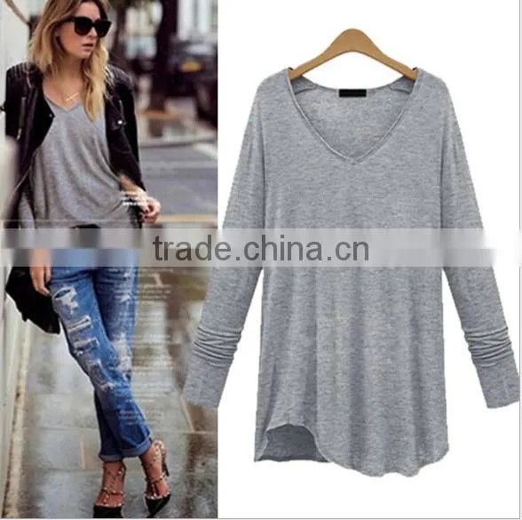 Big Yards Dress Pure Color Long Sleeve V-neck Shirt photo-3
