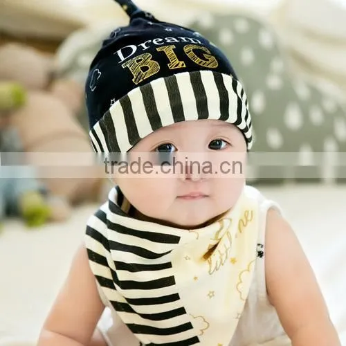 Spring New Style 2pcs/lot 100% Cotton Stripes Newborn Bonnet With Bibs photo-5