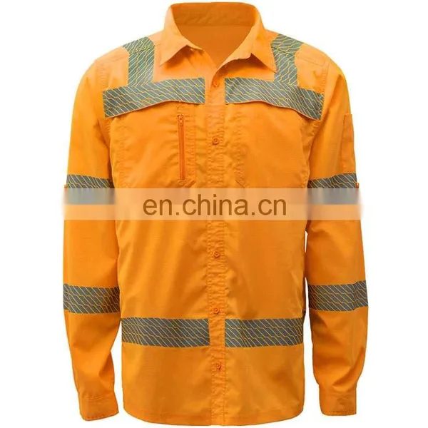 100% Cotton Mens Button Down Collar Business Fit Work Cargo Shirt With Reflective Bands photo-2
