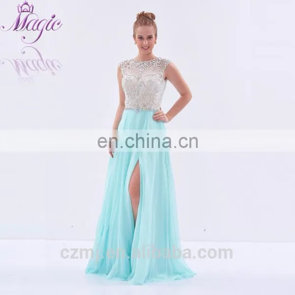 Stock Chiffon Sequin Beaded Cap Sleeve Sexy Side Split Blue Long Stock Prom Dress