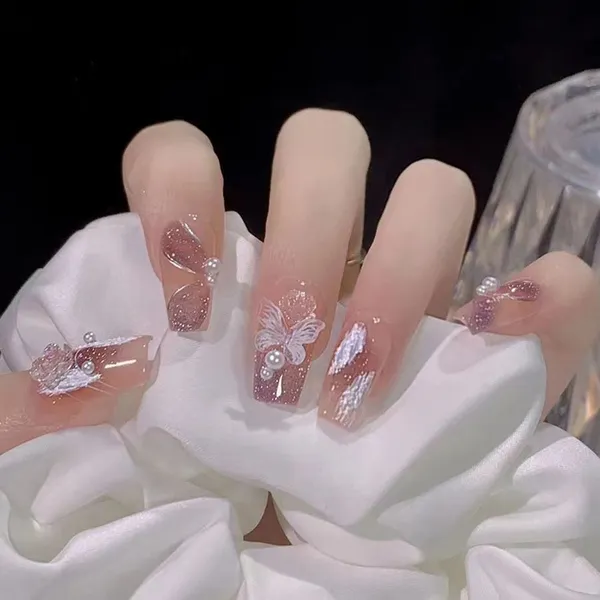 Foreign Trade European and American Red Ballet Nail Glitter French Butterfly Solid Color Nail Art Press on Nails photo-2