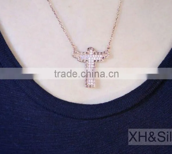 Shiny Beauty Wedding Jewelry 925 Silver Cross Pendant Necklace