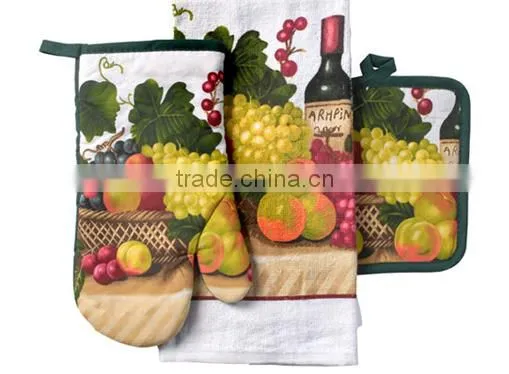 3 Pcs Silk Screen Print Cotton Kitchen Towel Set Oven Mitten Set photo-4