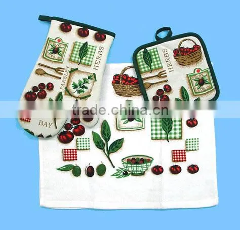 3 Pcs Pigment Print Cotton Towel Set Cotton Pot Holder Oven Mitten Set photo-3