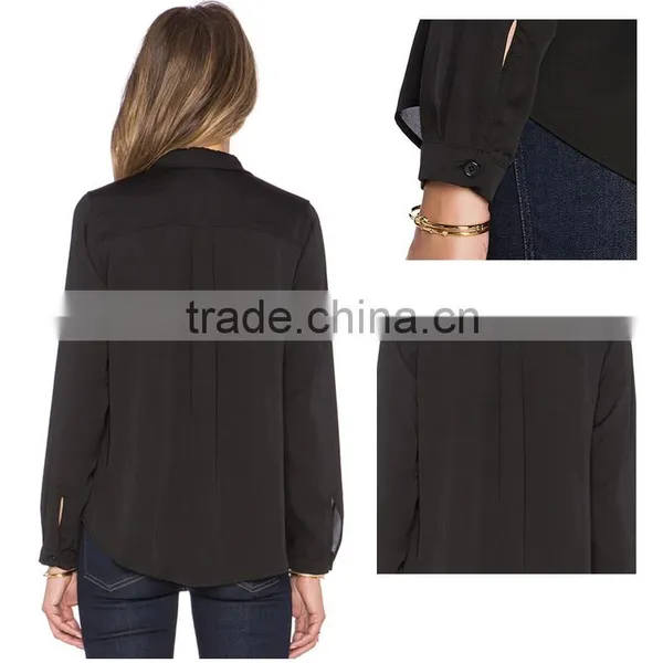 Womens Classic Long Sleeve Ruffled Shoulder Solid Chiffon Blouse photo-5