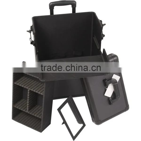 Black Texture Professional Aluminum Rolling Cosmetic Case Makeup 4-Wheel Trolley photo-3