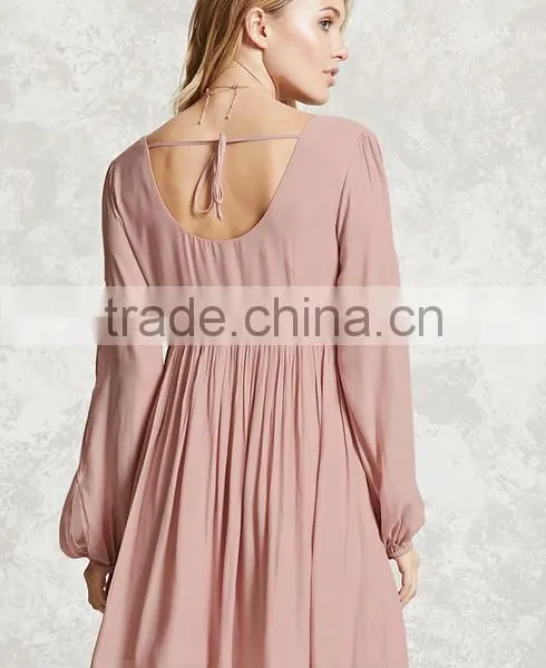 Woman Long Vented Sleeve Scoop Neck Self-Tie Back Stripe Chiffon Emroidered On the Front Dress photo-4